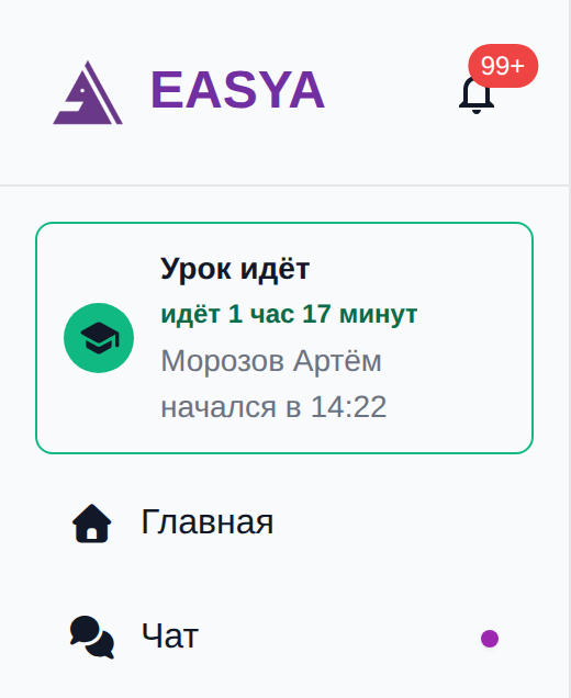 Плашка учителя во время урока — в боковом меню под логотипом, над пунктами «Главная» и «Чат»: зелёный значок, заголовок «Урок идёт», под ним счётчик «идёт 1 час 17 минут», ниже — фамилия и имя ученика и «начался в 14:22».