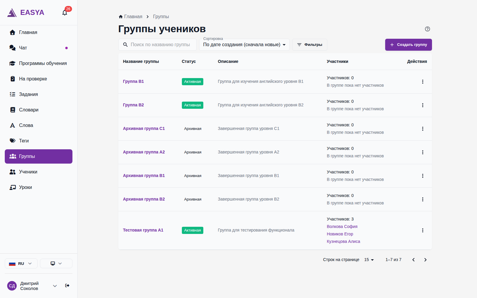Страница «Группы учеников»: поиск, сортировка, кнопка «Создать группу» и таблица групп со статусами «Активная» и «Архивная», описанием и списком участников.