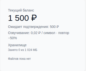 Карточка баланса с блоком «Хранилище»: «Занято 0 из 1 024 МБ» и строка о занятых файлах.